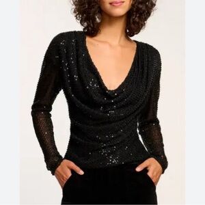 RAMY BROOK leon beaded cowl neck top in black Size Small NWOT